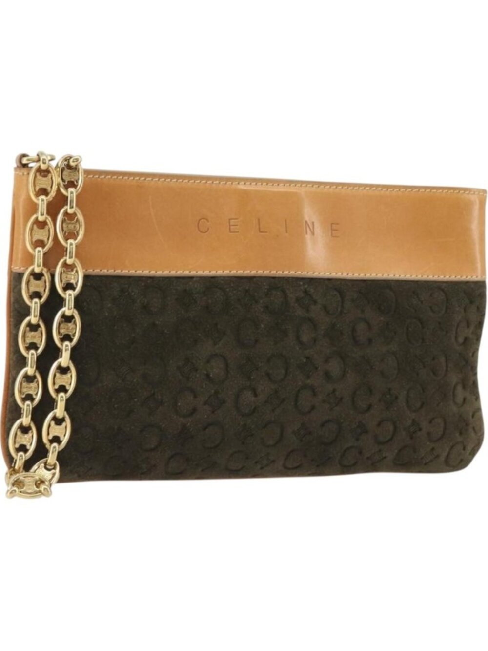 CELINE C Macadam Chain Clutch Bag Suede Brown Gold